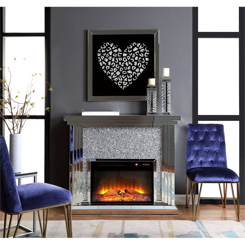 Bowery Hill Fireplace with Mirrored Frame and Faux Diamond Insets