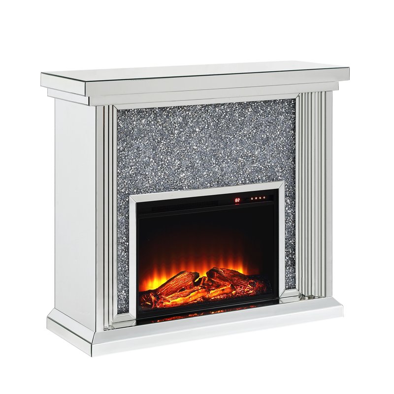 Bowery Hill Fireplace with Mirrored Frame and Faux Diamond Insets