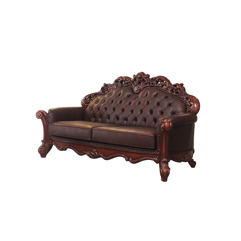 Bowery Hill Button Tufted Loveseat with 2 Pillows in Cherry PU