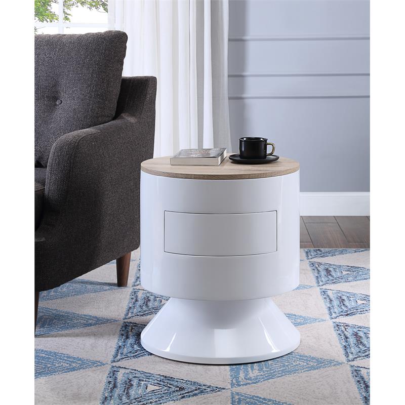 Bowery Hill Round Accent Table with Drawer in White High Gloss