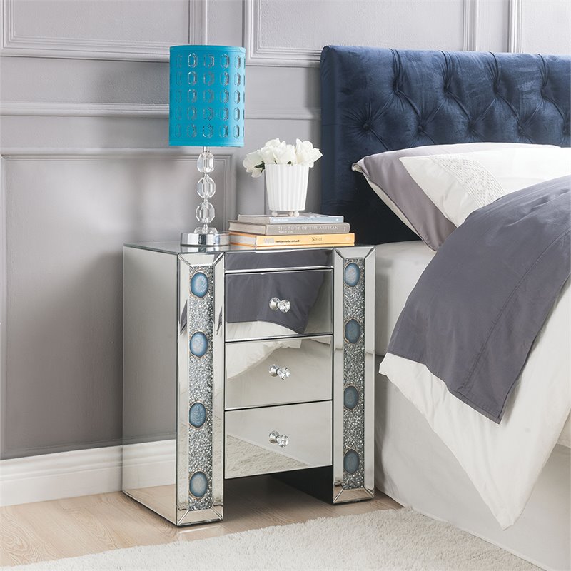 Bowery Hill Mirrored and Faux Agate Nightstand with 3 Drawers