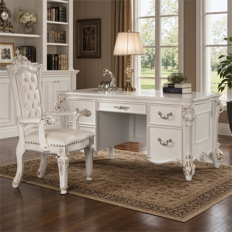 Bowery Hill Transitional Wooden Executive Writing Desk in Antique Pearl