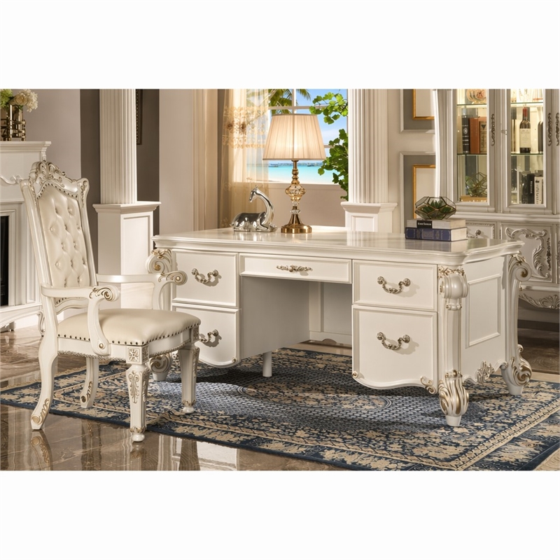 Bowery Hill Transitional Wooden Executive Writing Desk in Antique Pearl