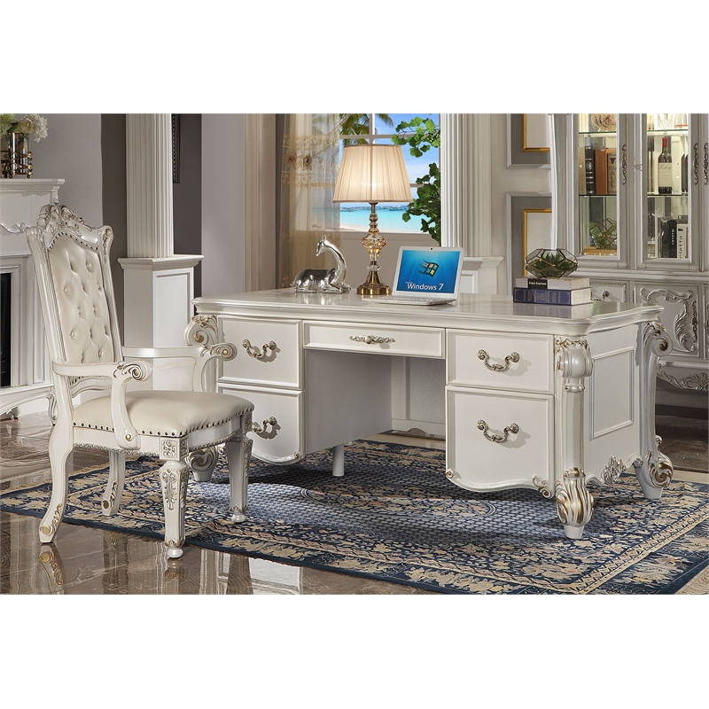Bowery Hill Transitional Wooden Executive Writing Desk in Antique Pearl