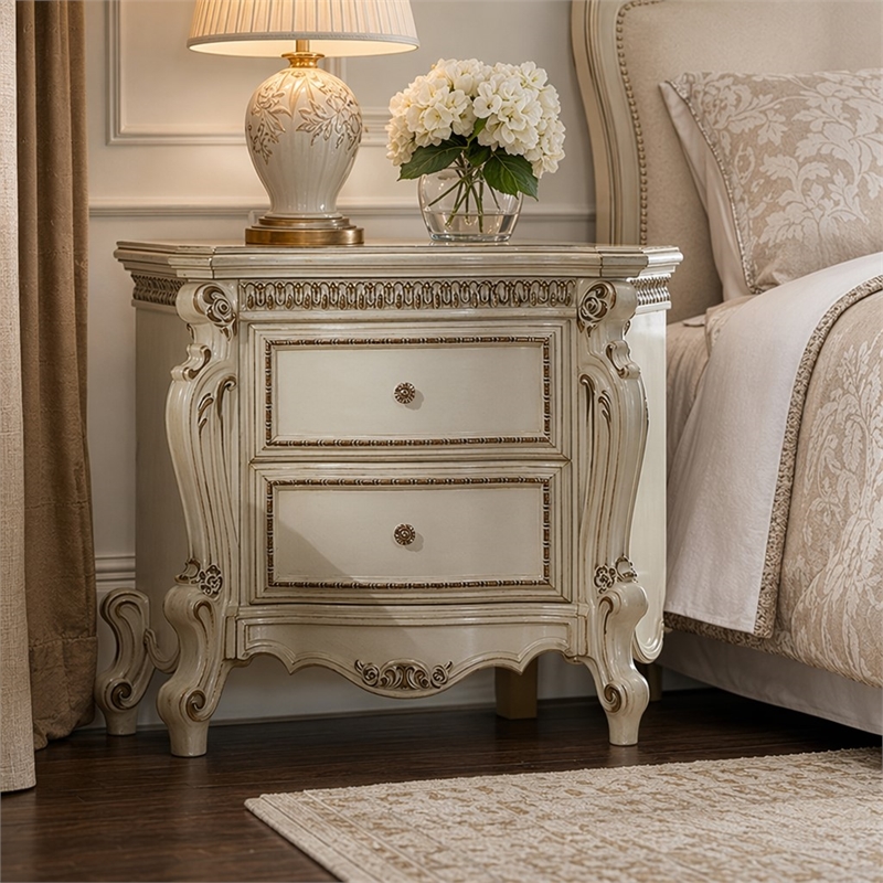 Bowery Hill Nightstand with 2 Drawers and Antique Pearl Finish