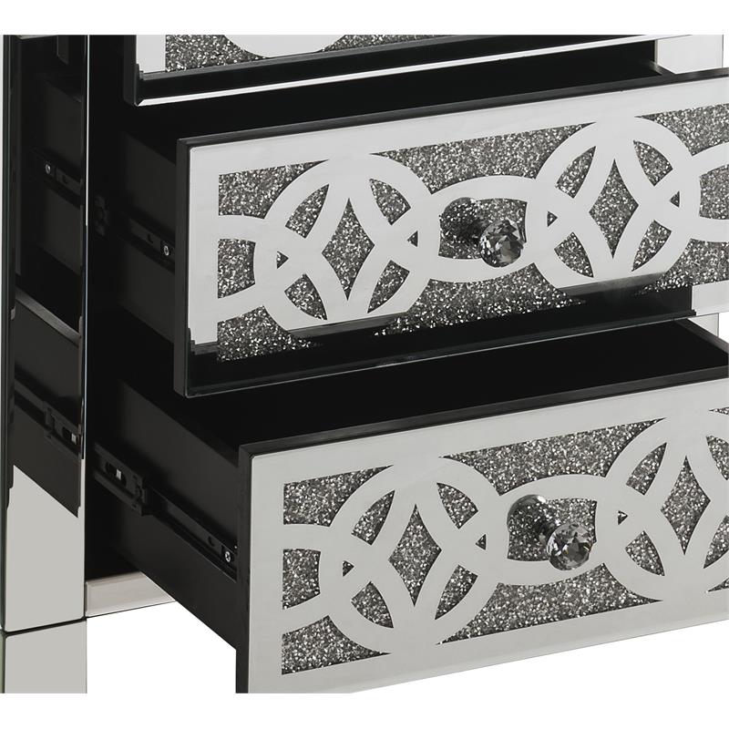 Bowery Hill Glass Accent Table with 3 Drawers in Mirrored Faux Diamonds