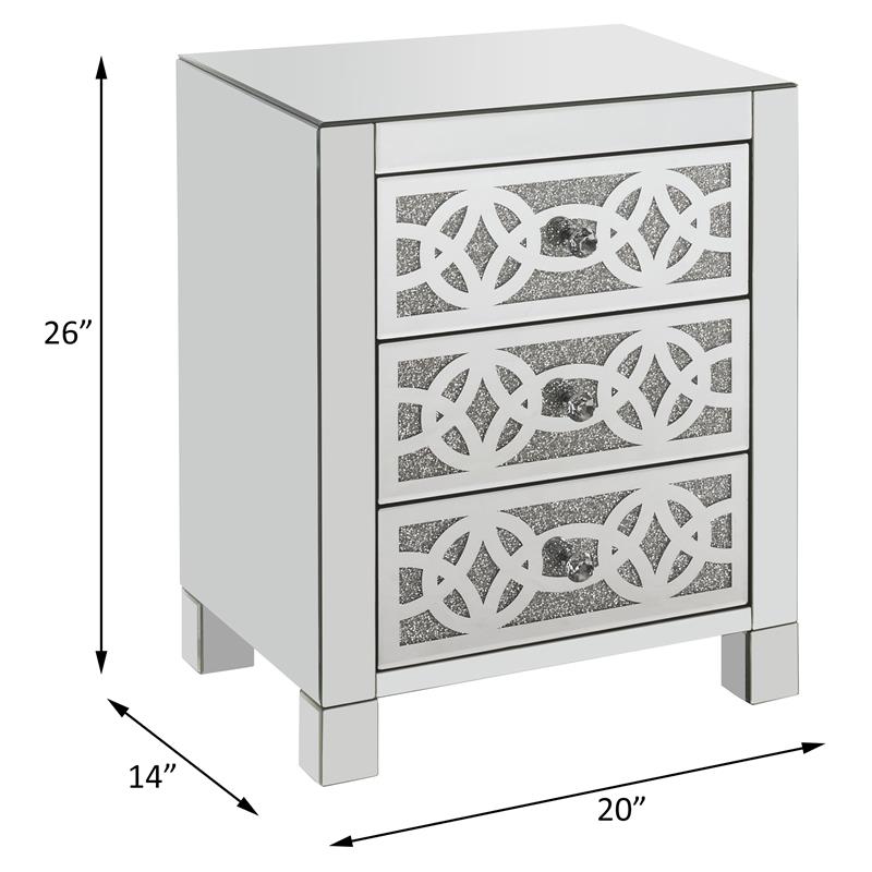 Bowery Hill Glass Accent Table with 3 Drawers in Mirrored Faux Diamonds