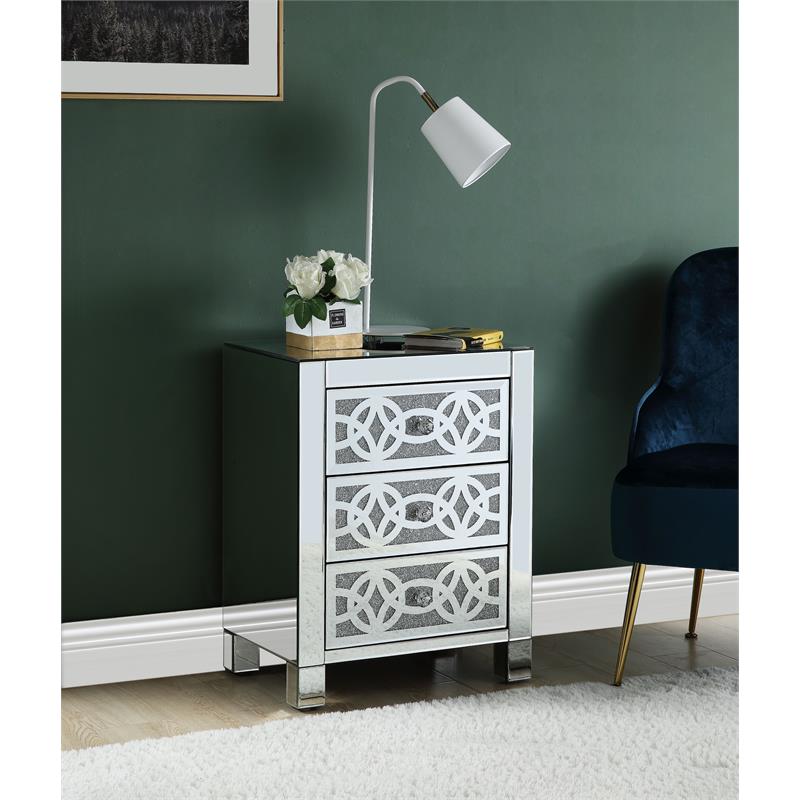 Bowery Hill Glass Accent Table with 3 Drawers in Mirrored Faux Diamonds