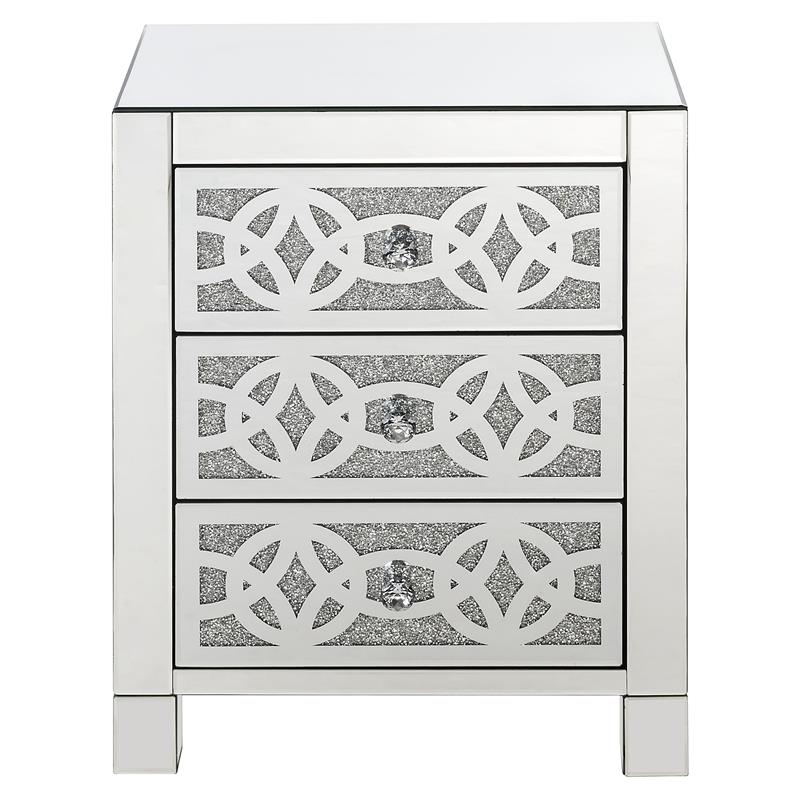 Bowery Hill Glass Accent Table with 3 Drawers in Mirrored Faux Diamonds