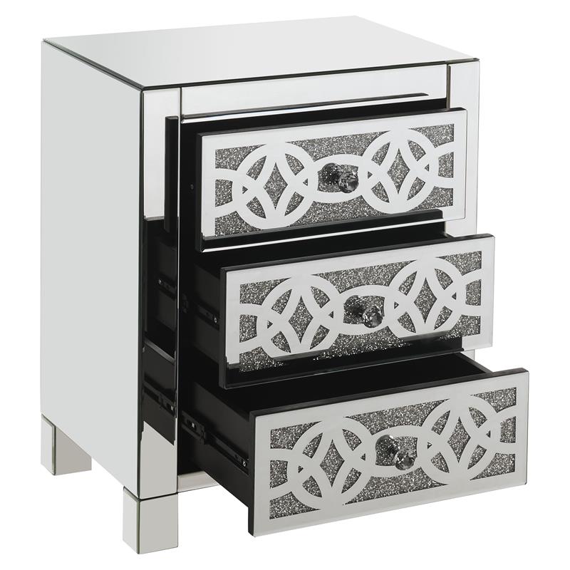 Bowery Hill Glass Accent Table with 3 Drawers in Mirrored Faux Diamonds