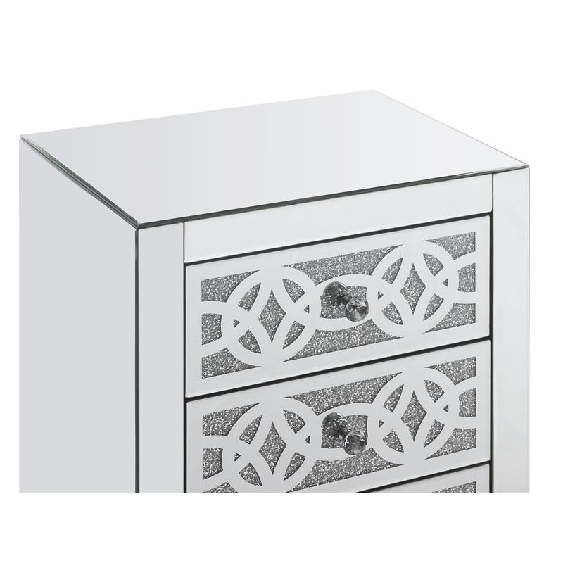 Bowery Hill Glass Accent Table with 3 Drawers in Mirrored Faux Diamonds