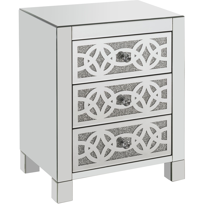 Bowery Hill Glass Accent Table with 3 Drawers in Mirrored Faux Diamonds
