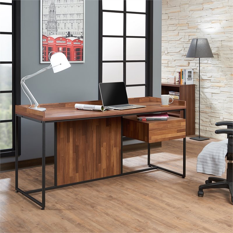 Bowery Hill Rectangular 1 Drawer Wooden Desk in Walnut and Sandy Black