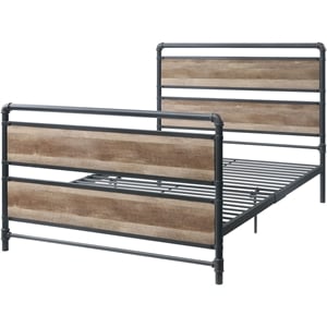 Bowery Hill Metal Full Bed with Wooden Headboard in Antique Oak and Gray