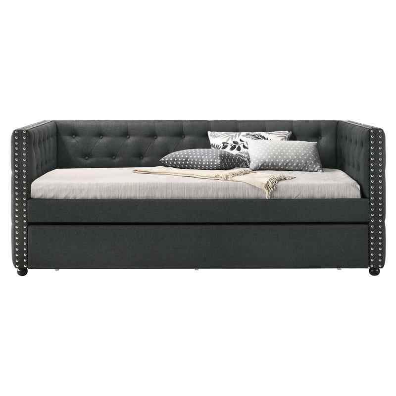 Bowery Hill Button Tufted Twin Daybed with Trundle in Gray Fabric