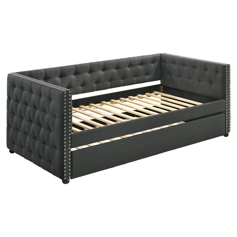Bowery Hill Button Tufted Twin Daybed with Trundle in Gray Fabric