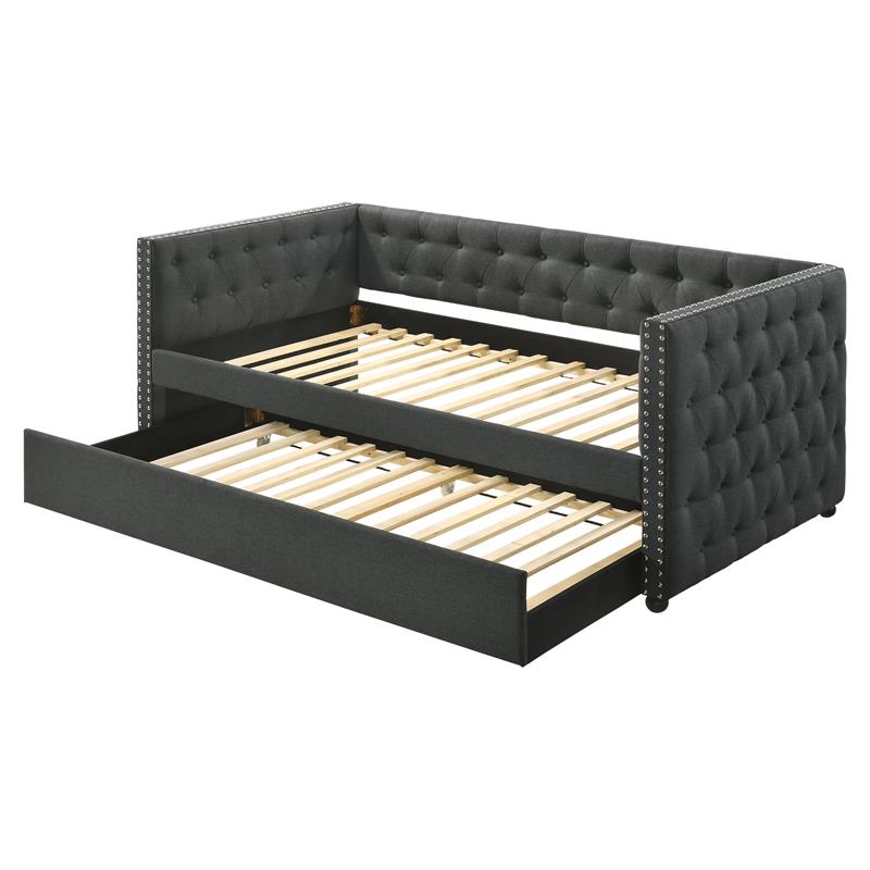 Bowery Hill Button Tufted Twin Daybed with Trundle in Gray Fabric