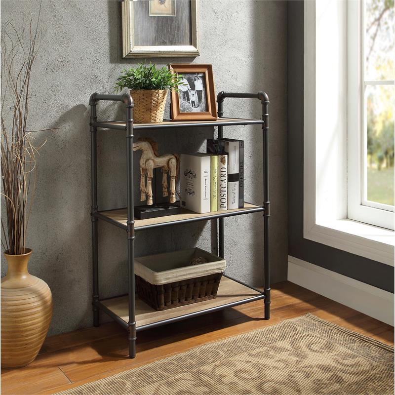 Bowery Hill 3-Tier Rectangular Bookshelf in Antique Oak and Sandy Gray