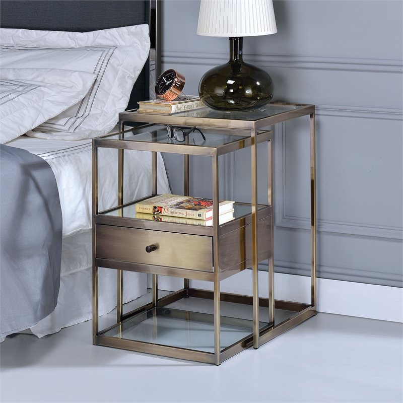 Bowery Hill 2-Piece Glass Nesting Table in Antique Brass Finish