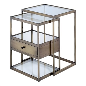 Bowery Hill 2-Piece Glass Nesting Table in Antique Brass Finish