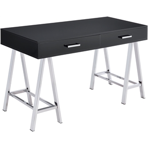 Bowery Hill Writing Desk with USB Port in Black High Gloss and Chrome