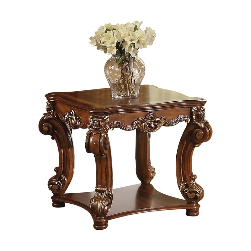 Bowery Hill Cherry Finish End Table with Scrolled Trim and Bottom Shelf