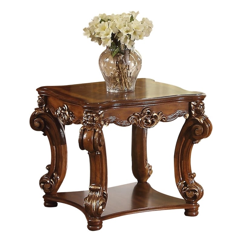 Bowery Hill Cherry Finish End Table with Scrolled Trim and Bottom Shelf
