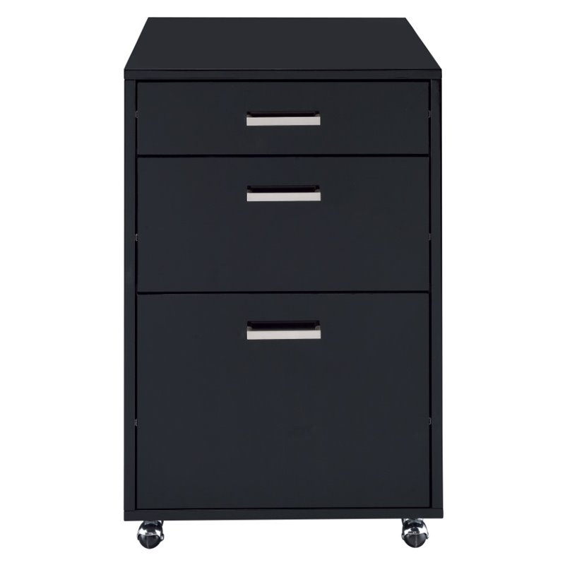 Bowery Hill Rectangular 3-Drawer Mobile File Cabinet in Glossy Black Wood