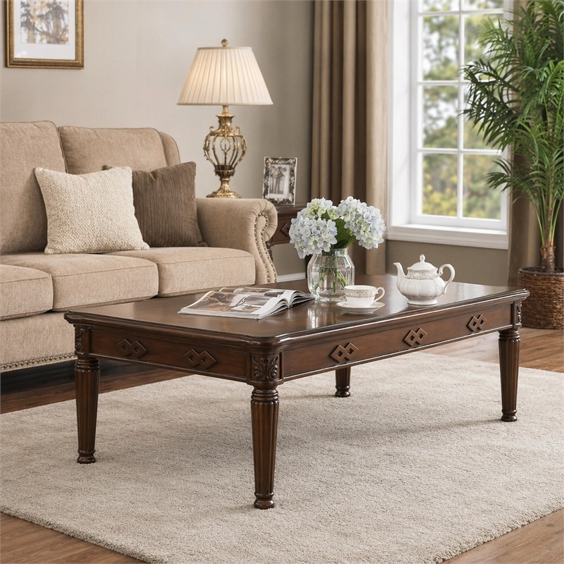 Bowery Hill Traditional Coffee Table with Wooden Top in Espresso Finish