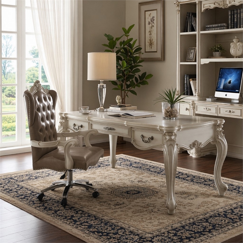 Bowery Hill Executive Writing Desk in Bone White with 3 Drawers