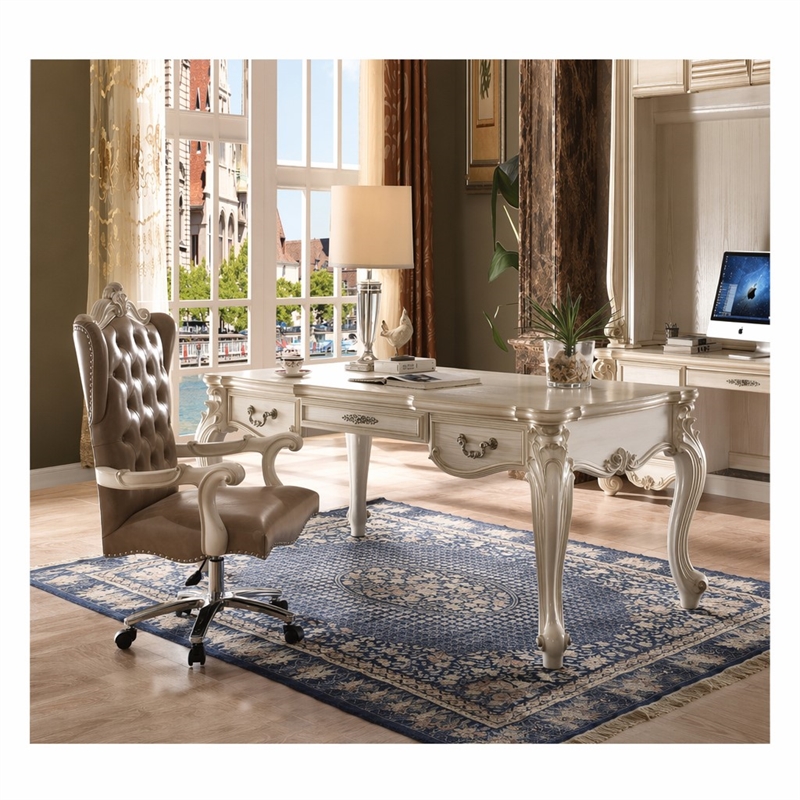 Bowery Hill Executive Writing Desk in Bone White with 3 Drawers
