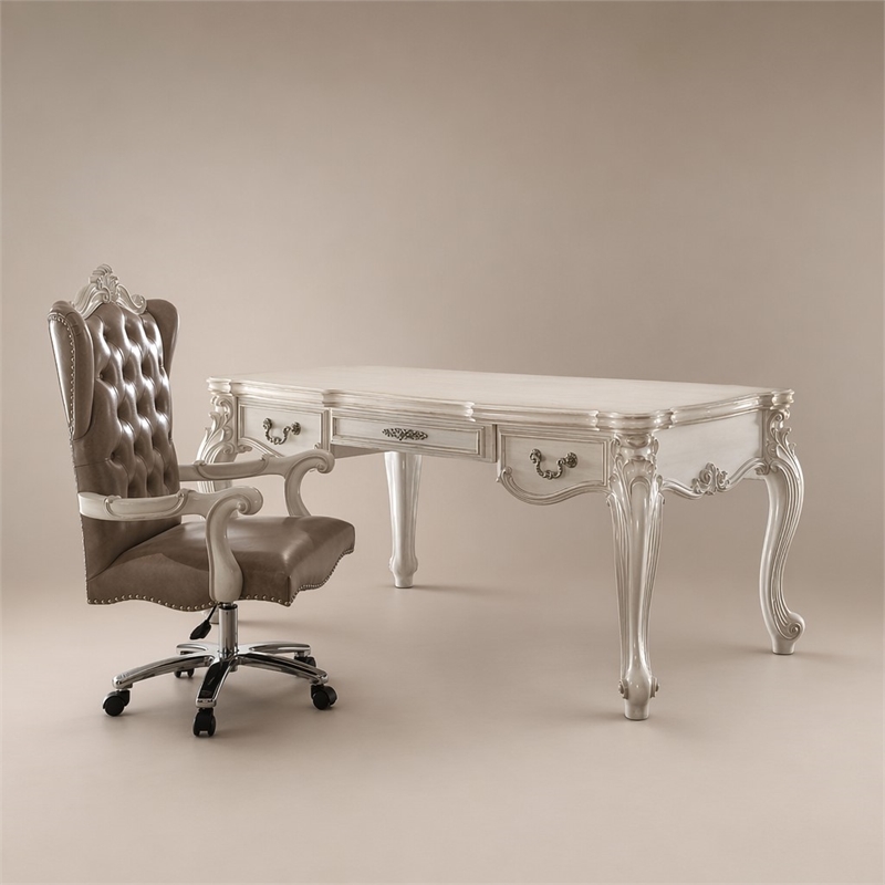 Bowery Hill Executive Writing Desk in Bone White with 3 Drawers