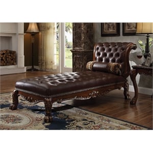 Bowery Hill Upholstered Chaise with Pillow in Leather and Cherry Finish