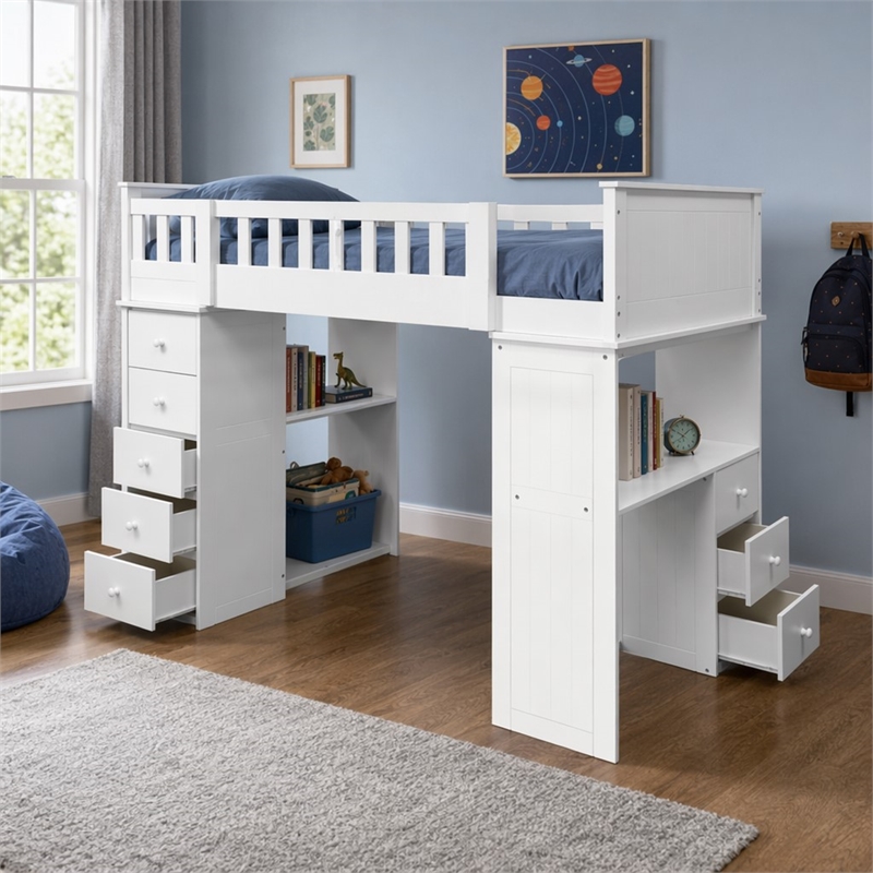 Bowery Hill Twin Loft Bed in White with Desk and Storage