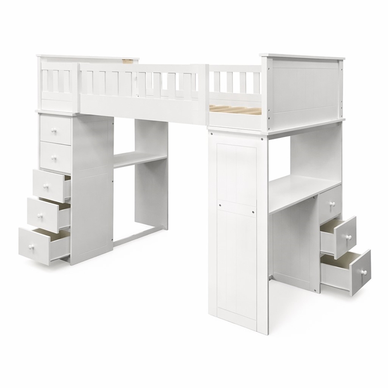 Bowery Hill Twin Loft Bed in White with Desk and Storage