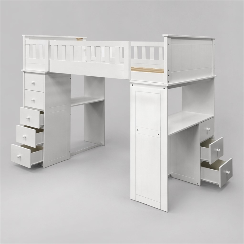 Bowery Hill Twin Loft Bed in White with Desk and Storage