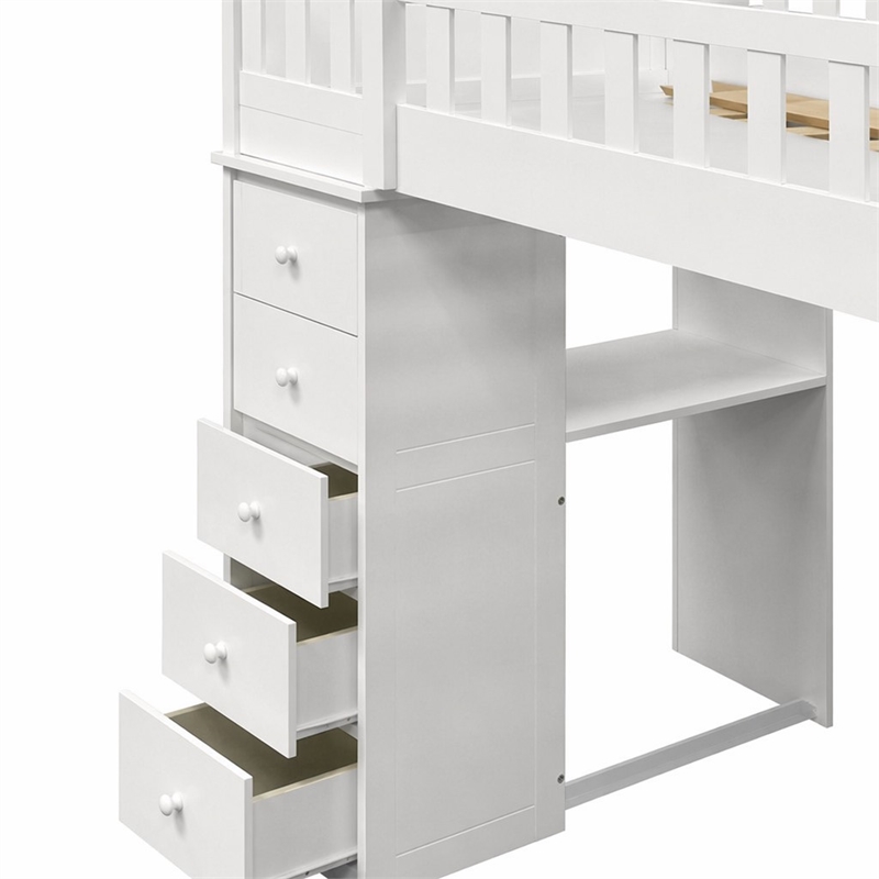 Bowery Hill Twin Loft Bed in White with Desk and Storage