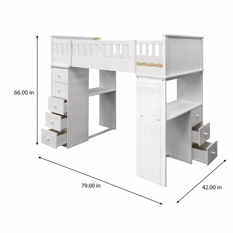 Bowery Hill Twin Loft Bed in White with Desk and Storage
