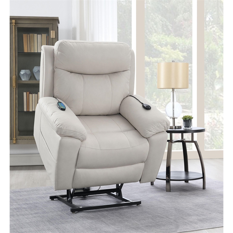 Bowery Hill Microfiber Power Recliner with Lift and Massage in Beige