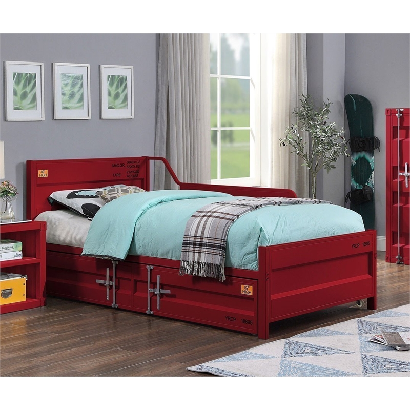 Bowery Hill Twin Cargo Daybed with Trundle in Red Metal Frame