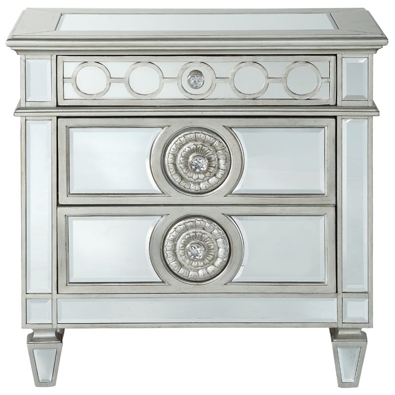 Bowery Hill 3-Drawer Nightstand with Sunburst Trim in Silver Mirrored