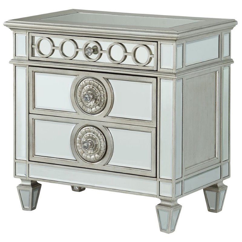 Bowery Hill 3-Drawer Nightstand with Sunburst Trim in Silver Mirrored