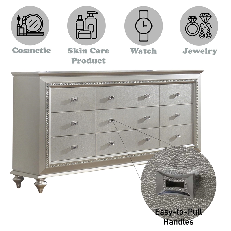 Bowery Hill Rectangular Wood 9-Drawer Dresser in Champagne White