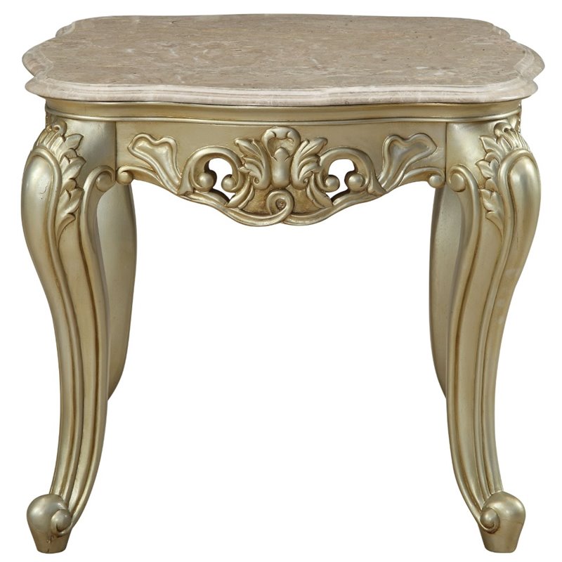 Bowery Hill Square Scalloped Marble Top End Table in Golden Ivory
