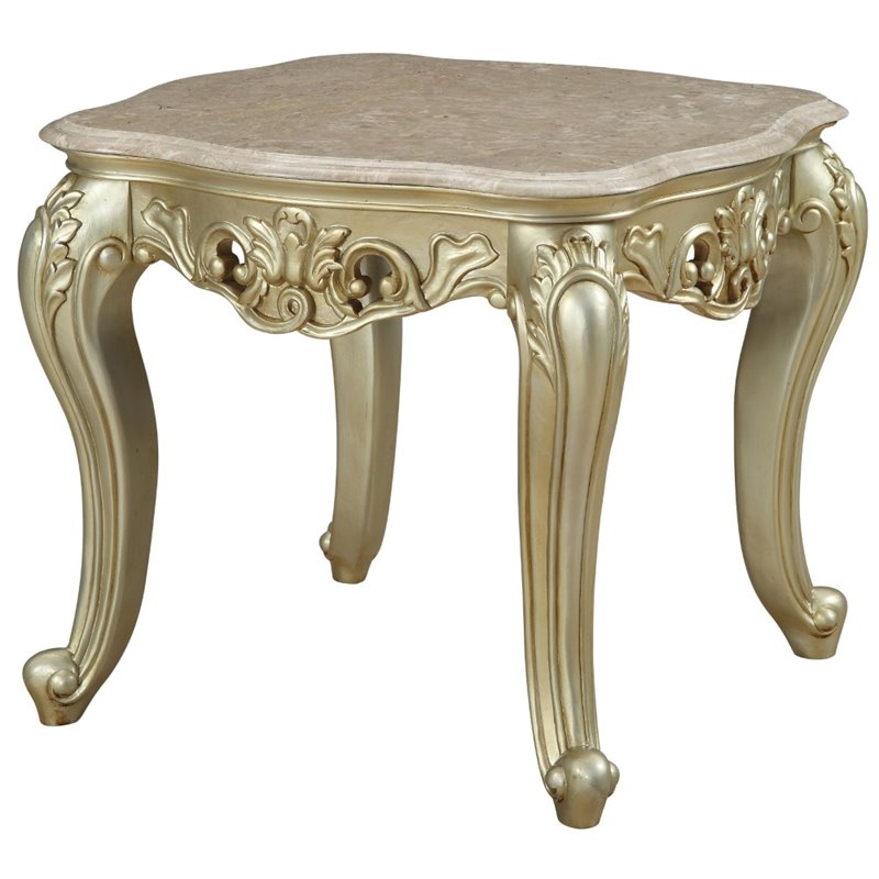 Bowery Hill Square Scalloped Marble Top End Table in Golden Ivory