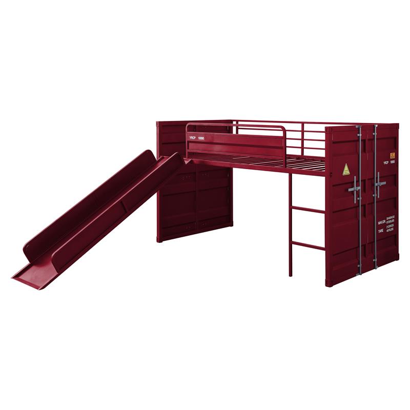 Bowery Hill Twin Metal Loft Bed with Ladder and Slat System in Red