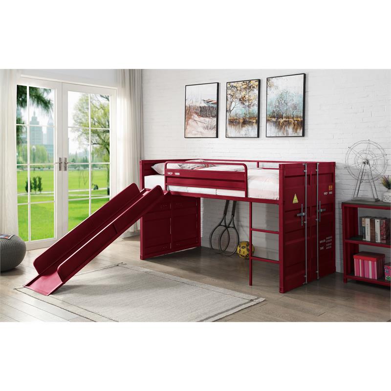 Bowery Hill Twin Metal Loft Bed with Ladder and Slat System in Red