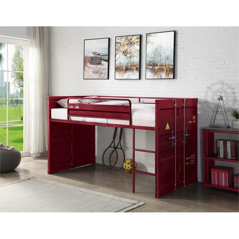 Bowery Hill Twin Metal Loft Bed with Ladder and Slat System in Red