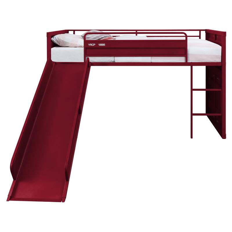Bowery Hill Twin Metal Loft Bed with Ladder and Slat System in Red