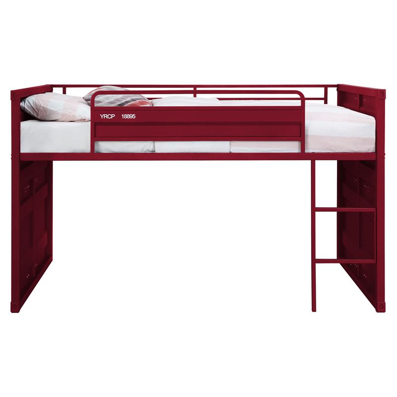 Bowery Hill Twin Metal Loft Bed with Ladder and Slat System in Red